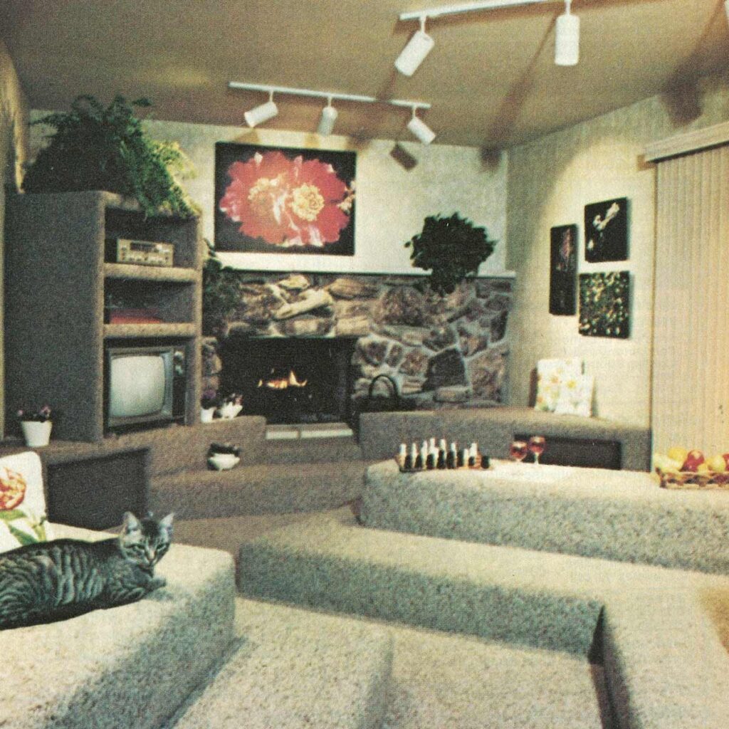 Vintage Living Room with Faux Stone Fireplace